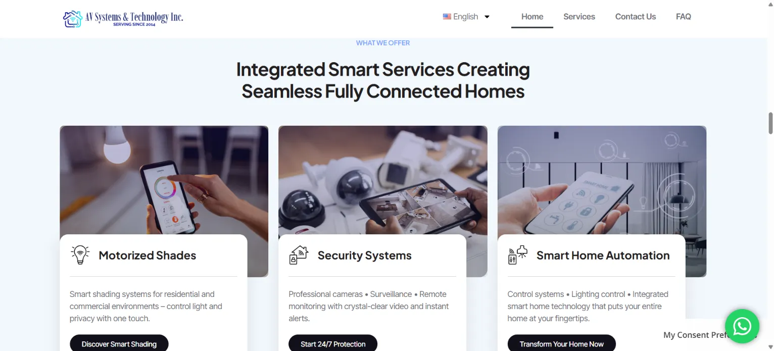 Página de inicio del sitio web de AV Systems & Technology, instalación de casas inteligentes
