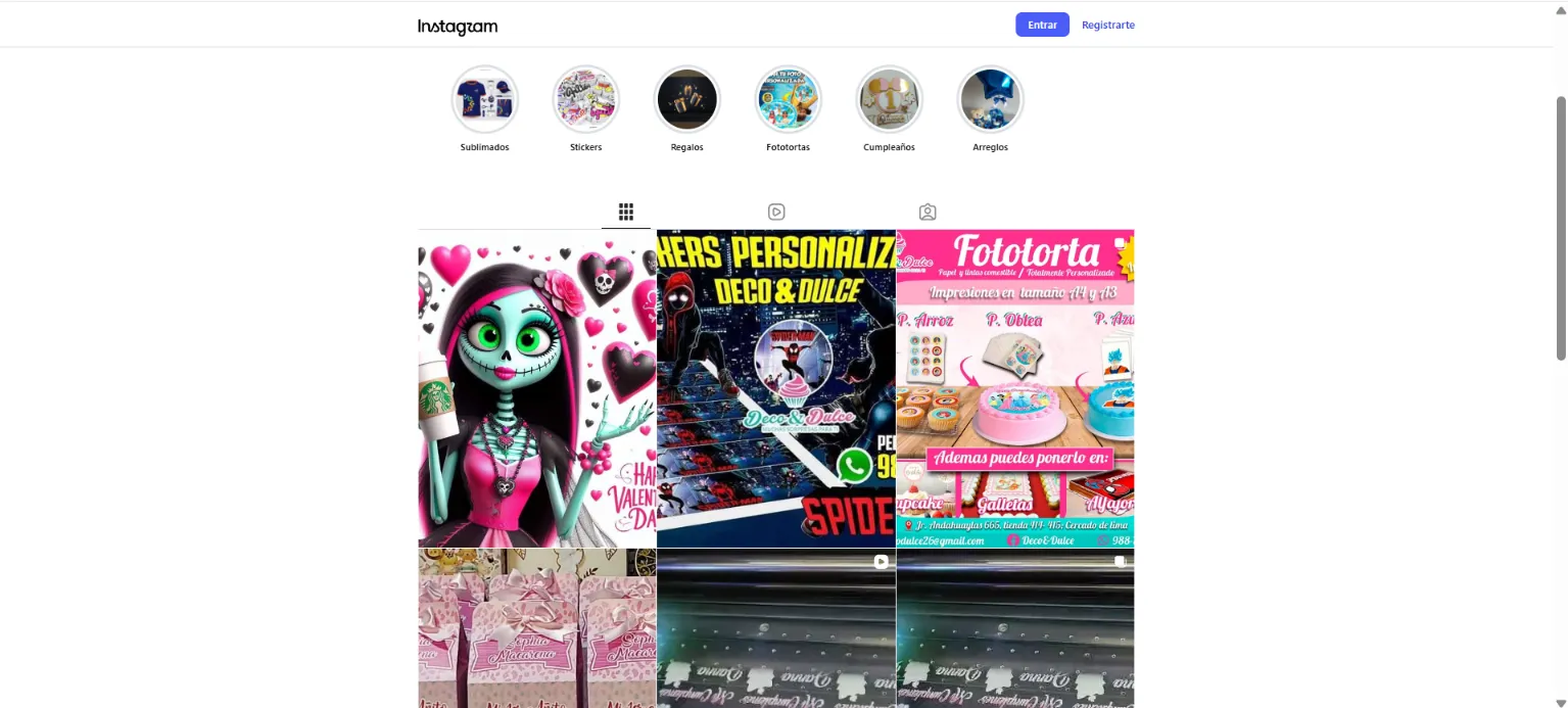 Perfil de Instagram de Deco & Dulce con publicaciones de fototortas y stickers personalizados