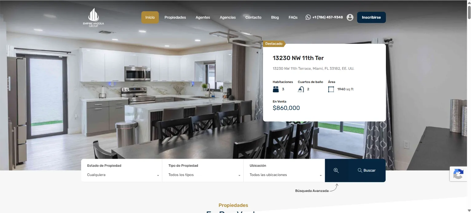 Página de inicio del sitio web de Empire Anzola Group, con una propiedad destacada en venta