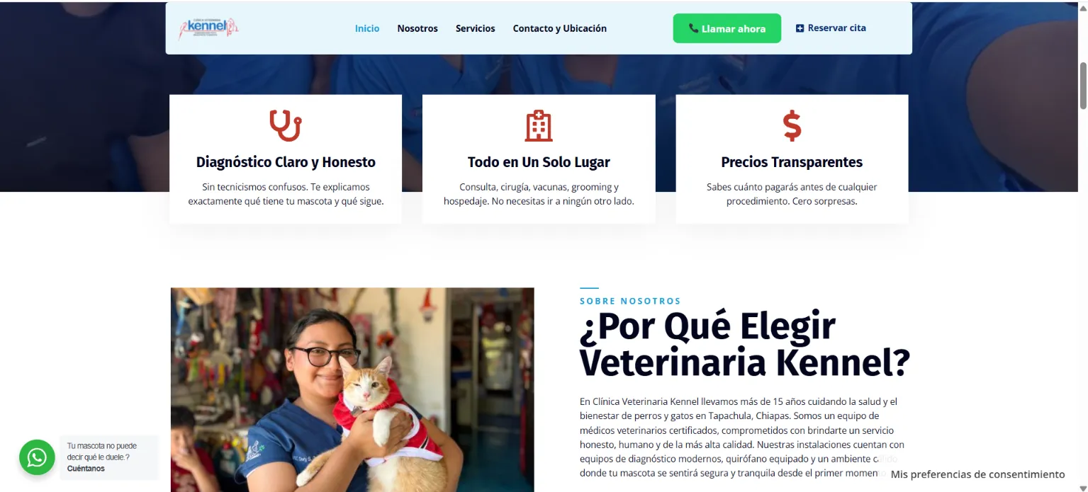 Página de inicio del sitio web de Veterinaria Kennel, clínica veterinaria