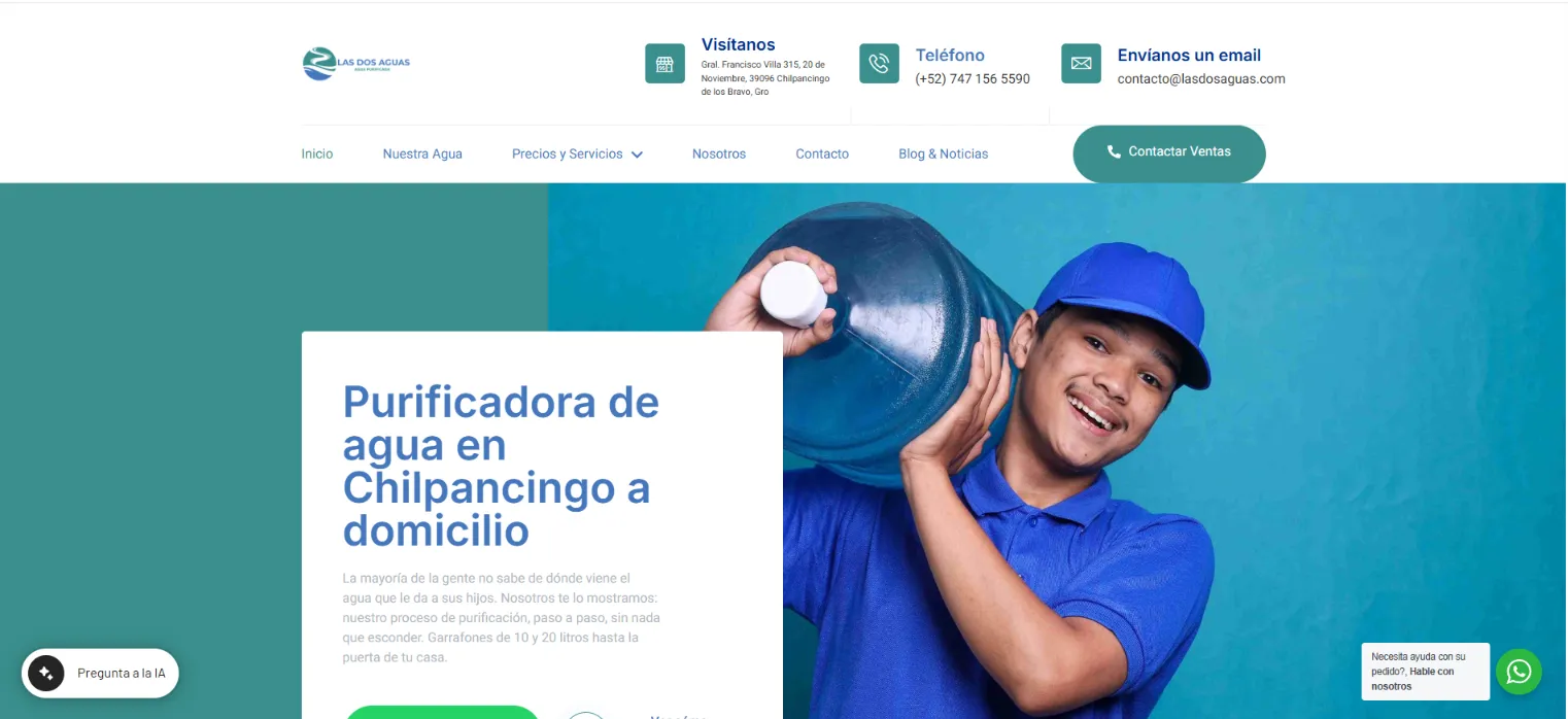 Página de inicio del sitio web de Las Dos Aguas, purificadora de agua con garrafones a domicilio