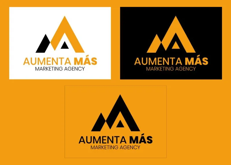 Las tres versiones del logo de Aumenta Más, sobre fondo blanco, negro y naranja: un ejemplo de identidad visual con sus variantes de color
