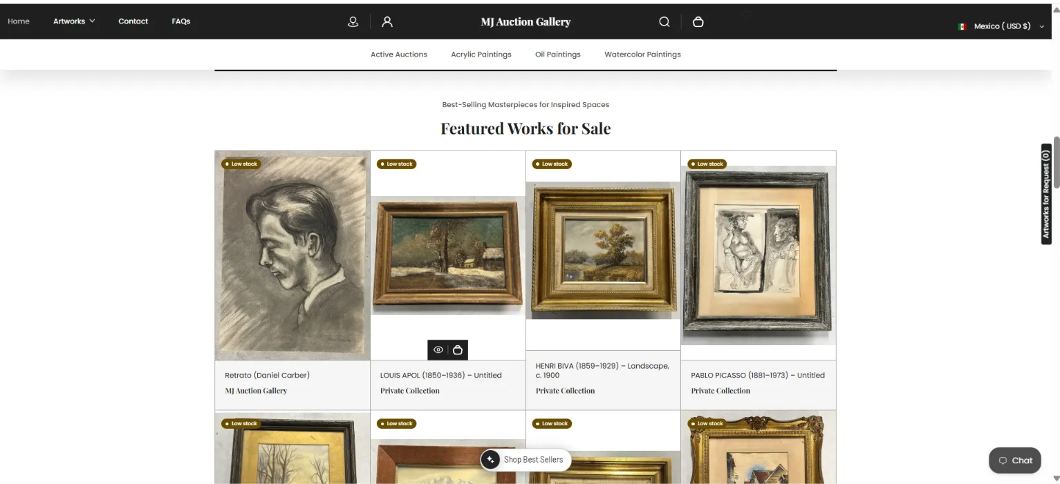 Página de inicio de la tienda en línea de MJ Auction Gallery, galería de arte moderno y contemporáneo