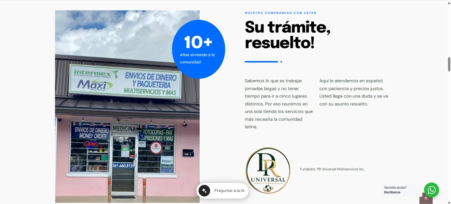Sección del sitio web de PB Universal Multiservices con la fachada de su tienda de envíos de dinero y paquetería
