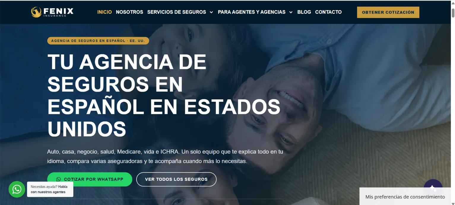 Página de inicio del sitio web de Fenix Insurance, agencia de seguros en español en Estados Unidos