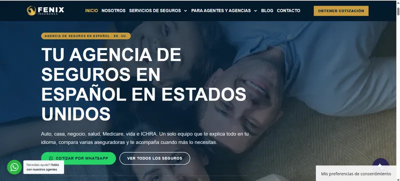 Página de inicio del sitio web de Fenix Insurance, agencia de seguros en español en EE. UU., diseñado por Aumenta Más